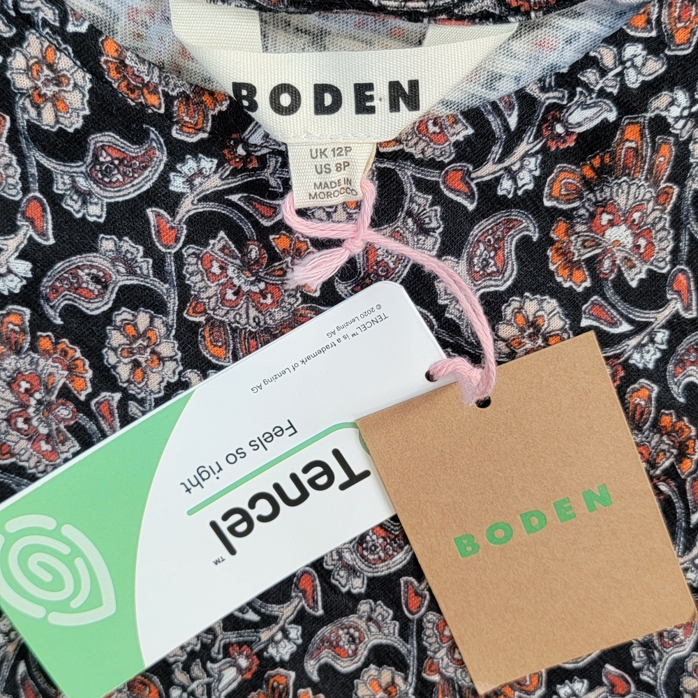 Boden Knot Front Jersey Midi Dress Womens 8P Black White Rust Boho Floral Stretc - Picture 6 of 13